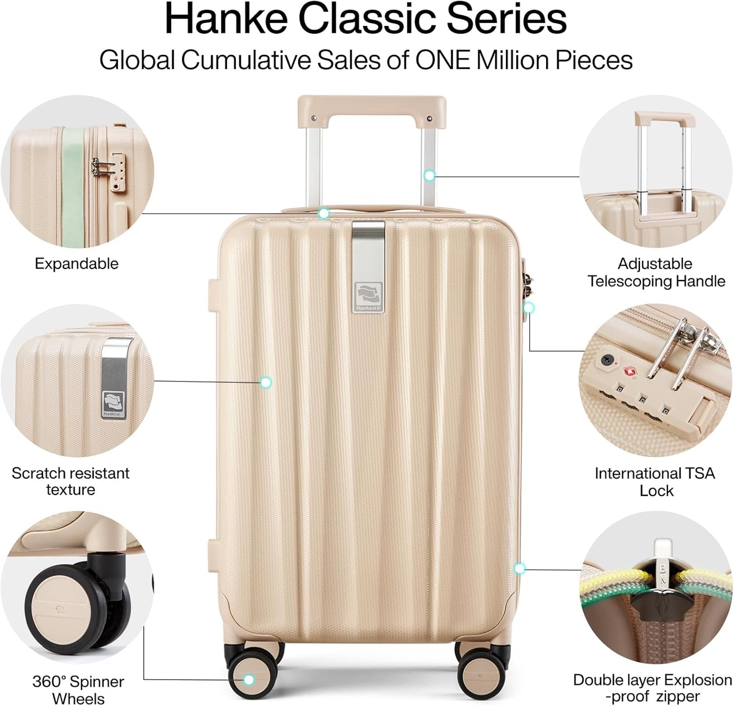Hanke Expandable Hardshell Luggage Sets 3 piece Carry on Luggage with Wheels Suitcases Lightweight Checked Travel Luggage Rolling Large Suitcase Travel Luggage Bag Woman Men 20/24/29" Cuba Sand Pink