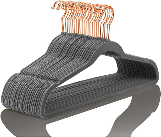 MIZGI Premium Velvet Hangers (30 Pack) Heavy Duty - Non Slip - Velvet Suit Hangers Gray - Copper/Rose Gold Hooks,Space Saving Clothes Hangers (Gray)