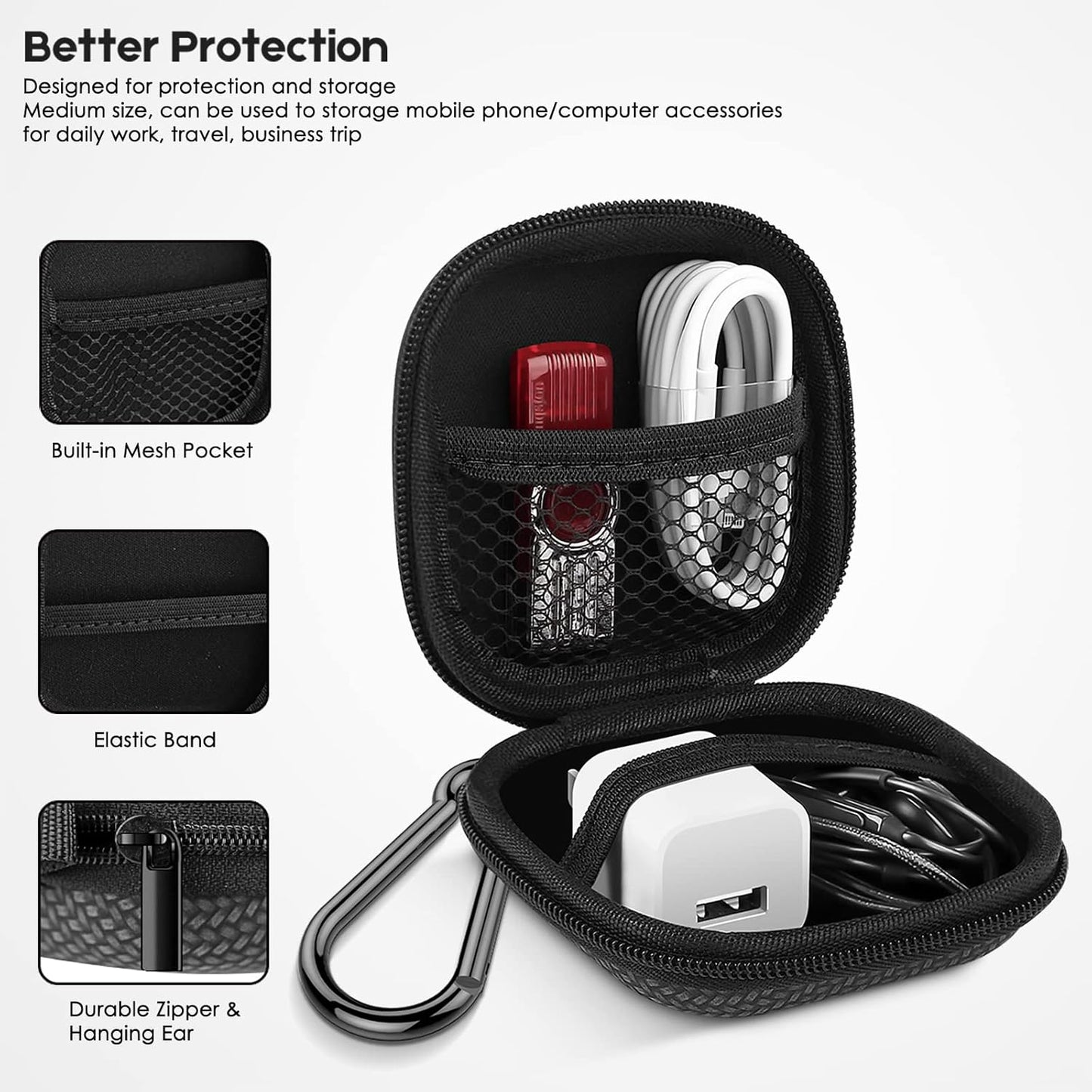 Earbud Case Hard EVA Earphone Carrying Case Cell Phone Accessories Storage Bag with Carabiner for Airpods Headset Earphone Flash Drive Charging Cable Key Wall Charger USB Adapter Cable (Black 2Pack)