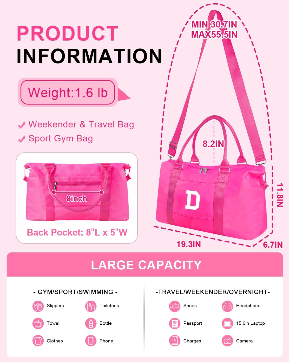 Overnight Bag for Kids Teen Girls Weekender Dance Bag Birthday Graduation Gifts,Initial Travel Duffel Bag Sports Gym Bag Personalized Weekender Bag Carry On Bags Preppy Gifts for Women(Hot Pink, D)