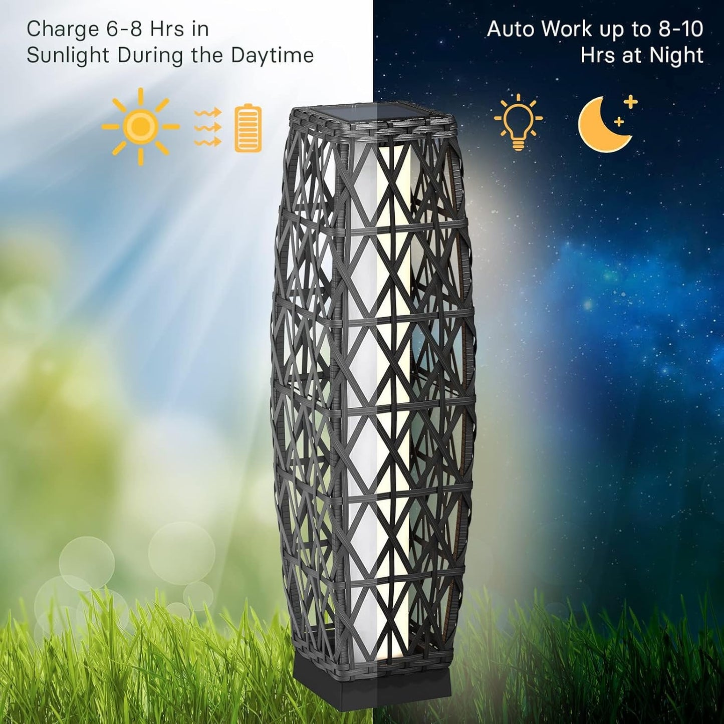 Grand patio Solar Outdoor Floor Lamp Wicker Lantern Decoration Light for Deck Garden Lawn Porch-Medium Cindy, Silver Gray