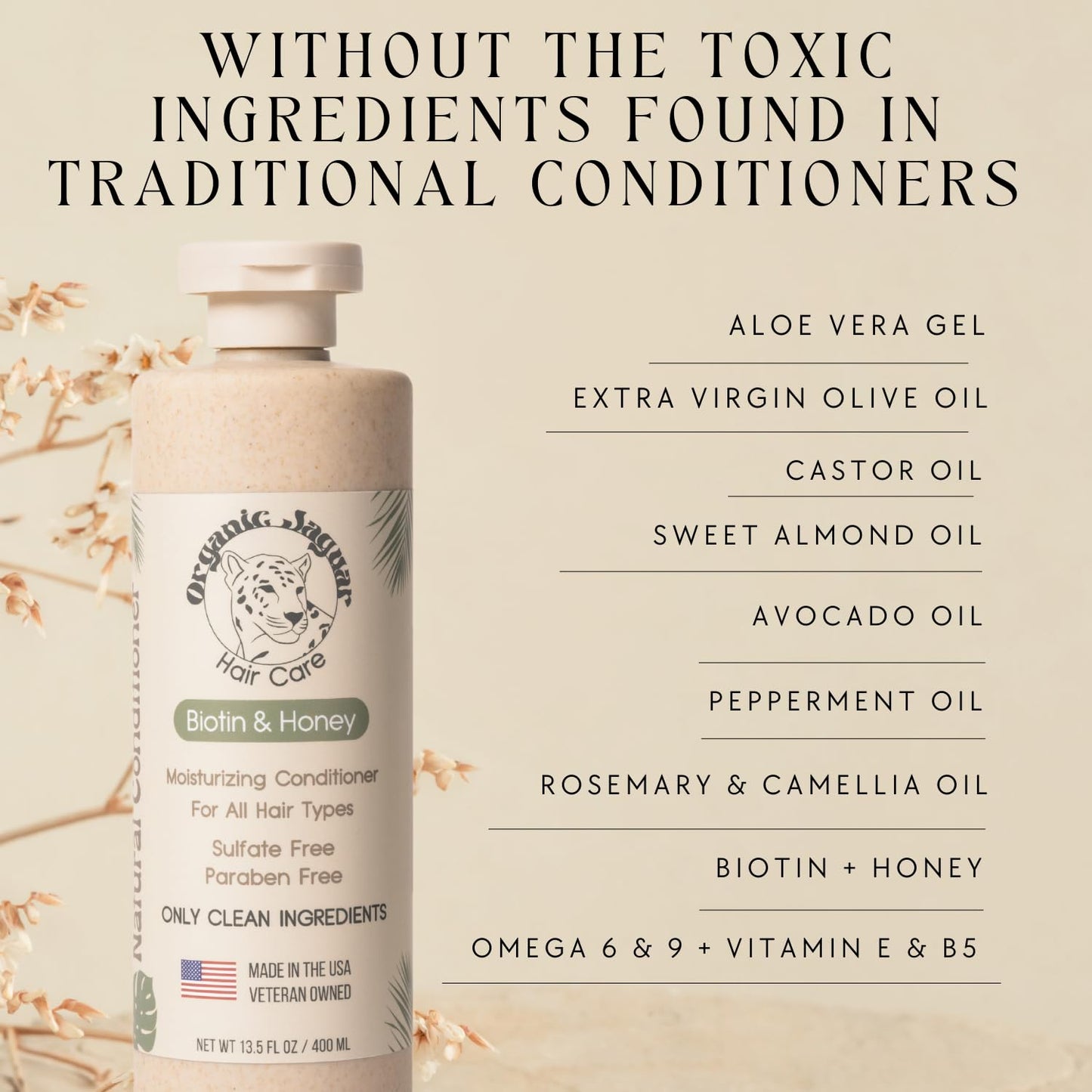 Natural Conditioner for Hair Care, Sulfate Free Conditioner with Vitamin E, Castor, Argan and Almond Oil, Rosemary and Peppermint Scent, For All Hair, 13.5 fl oz