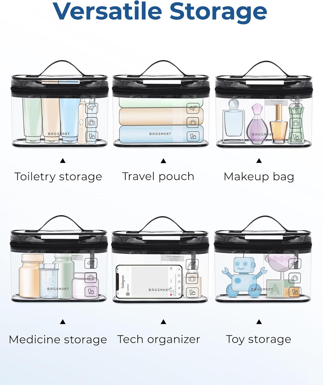 BAGSMART TSA Approved Toiletry Bag, 2 Pack Clear Makeup Cosmetic Bag Organizer, Quart Size Travel Bag for Toiletries, Carry-on Travel Accessories Essentials, Rose Red-2pcs