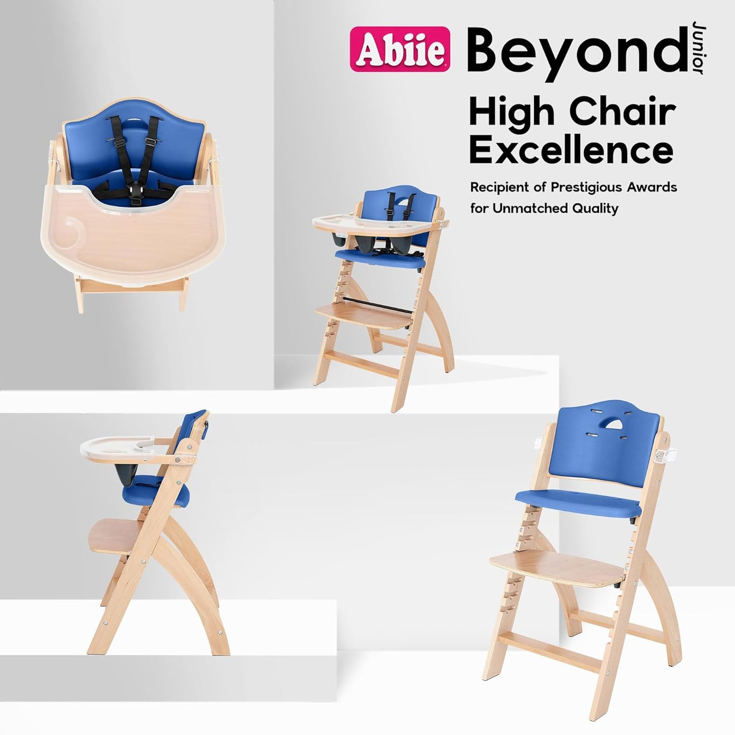 Abiie Beyond Junior Wooden High Chair with Tray - Adjustable and Convertible High Chair for Babies and Toddlers - 6 Months to 250 Lb - Water Resistant - Natural Wood/Blueberry Cushion