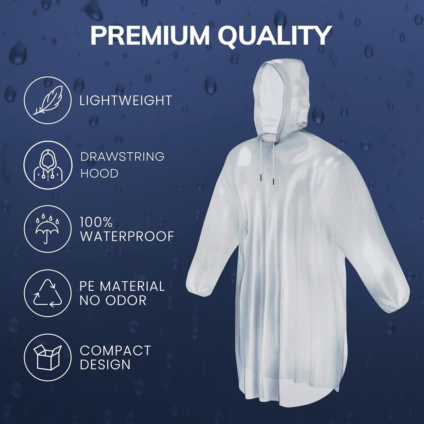 Mindful Design Rain Ponchos with Drawstring Hood (4 Pack) Disposable Emergency Clear Poncho for Adults
