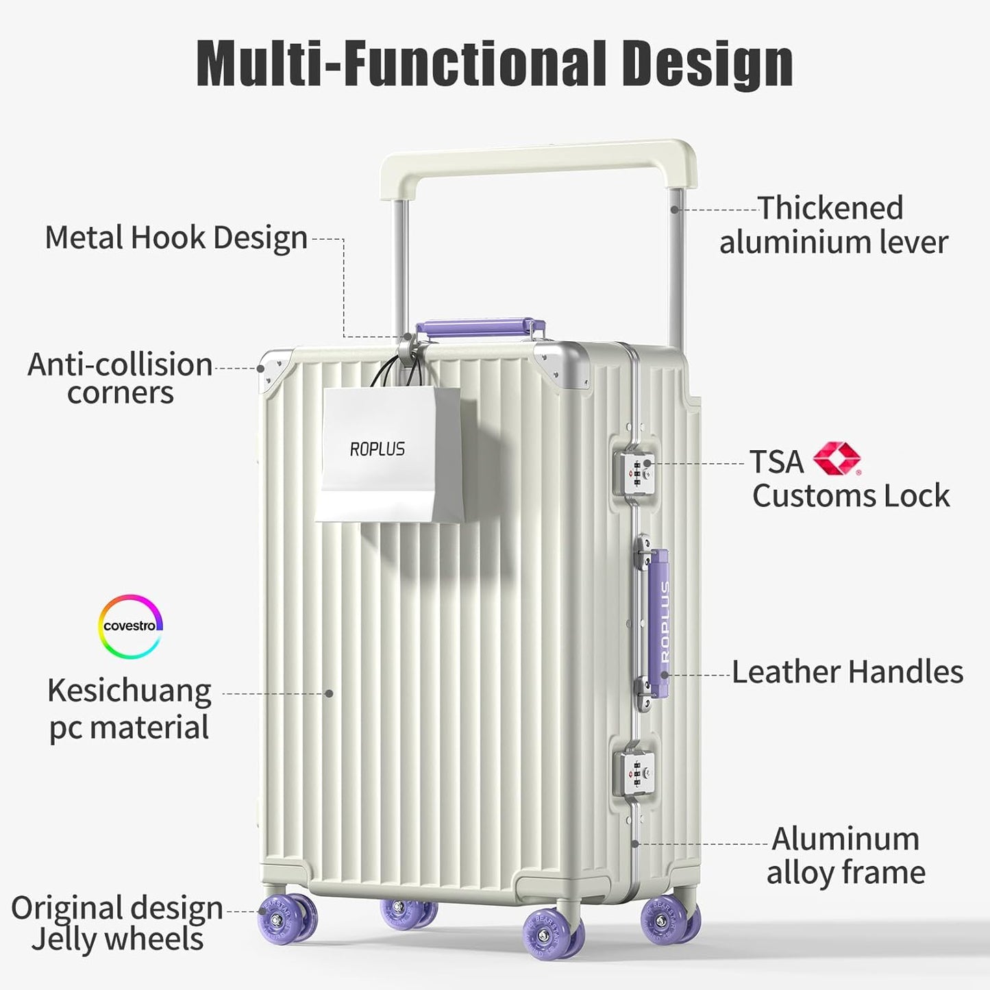 Aluminium Frame Checked-Luggage with Smooth Jelly Wheels, Hardside Zipperless Rolling Suitcase with TSA Lock (WhitePurple, 28-Inch)