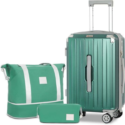 Romswi 3-Piece Carry-On Luggage Set with Cup Holder TSA Lock, 20" Hardside Spinner Suitcase with Duffel Bag, Lightweight Durable PC+ABS Sage Green Travel Luggage