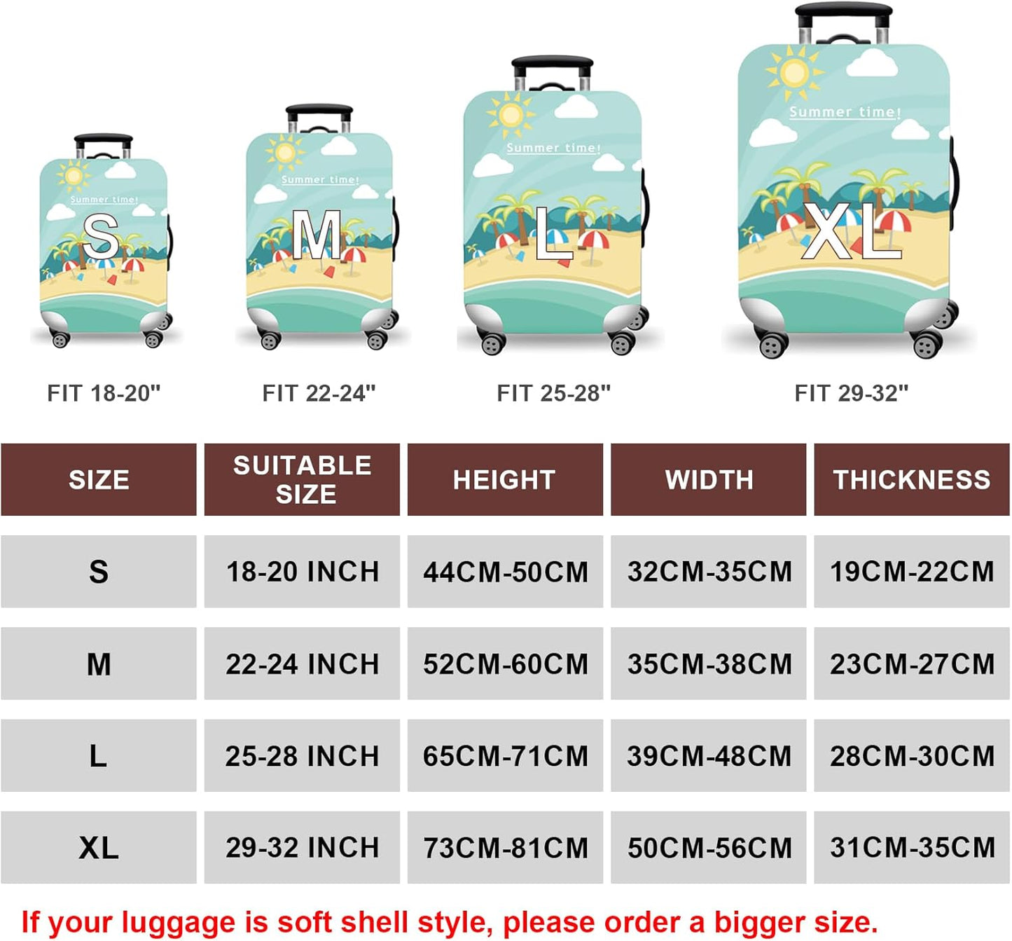 WUJIAONIAO Travel Luggage Cover Baggage Suitcase Cover Protector Skins 18-32 Inch (Beach, S (for 18-20 inch luggage))