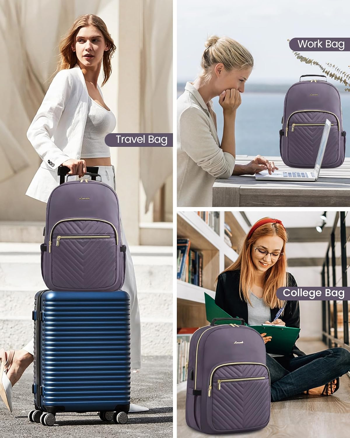 LOVEVOOK Laptop Backpack Purse for Women, Large Capacity Travel Business Computer Work Bag, Quilted Casual Nurse Backpack for Womens, Fit 15.6 Inch Laptop with USB Port, Purple Grey