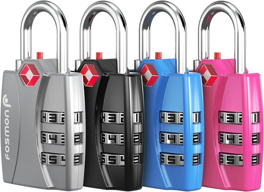 Fosmon TSA Approved Locks for Luggage. Suitcase Locks with Open Alert Indicator, 3 Digit Combination Padlock with Alloy Body for Travel, Backpack Zipper Anti Theft, Locker, Gym, Gun Case, Tent- 4 Pack