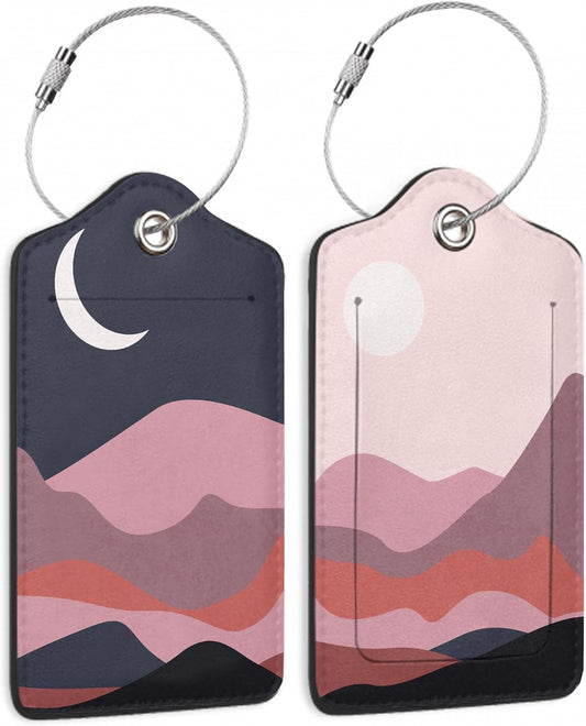 Boho Hills Luggage Tags for Suitcases,2 Pack Fields Moon Luggage Tag,Leather Stainless Steel Loop Label Tag for Women Men Girls Travel Bag Suitcase