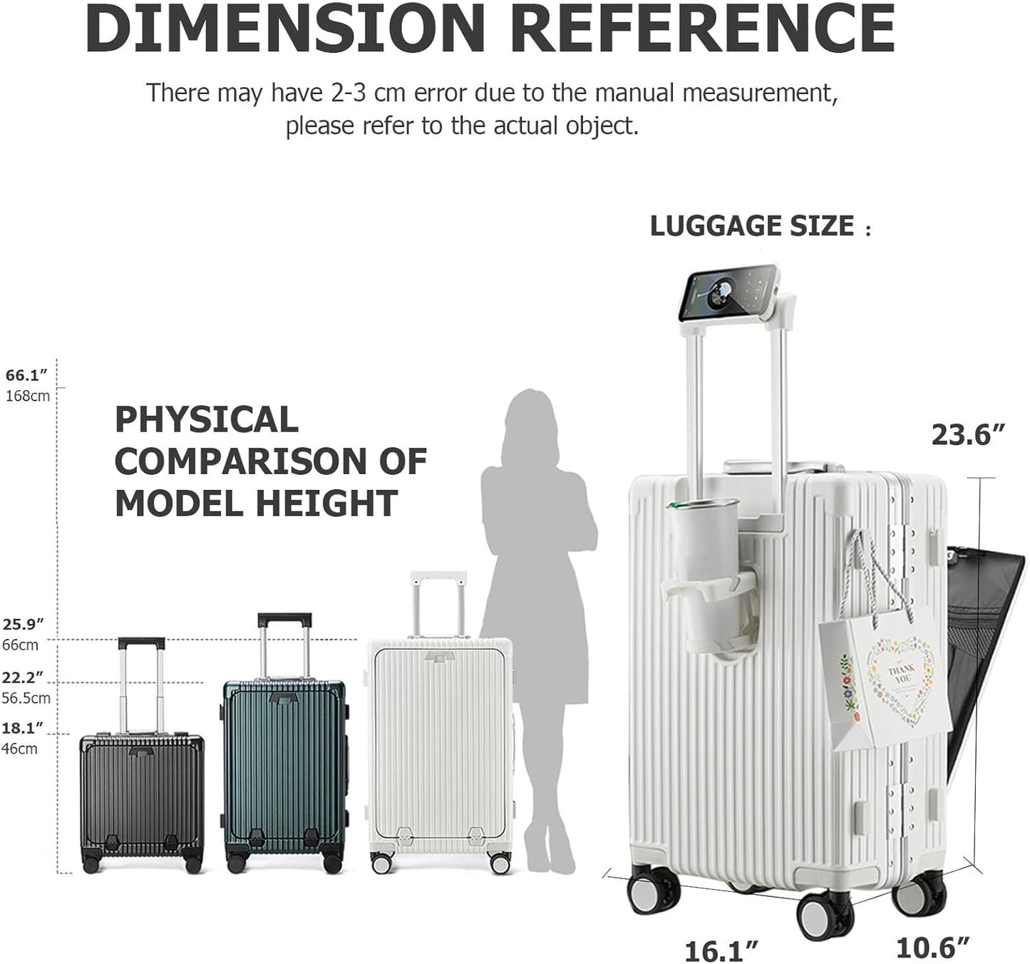 feilario 24in Aluminium Frame PC Hard Shell Spinner Wheels Luggage, Built-In TSA lock Carry on Suitcase, with Cup Holder, USB Port, Phone Holder