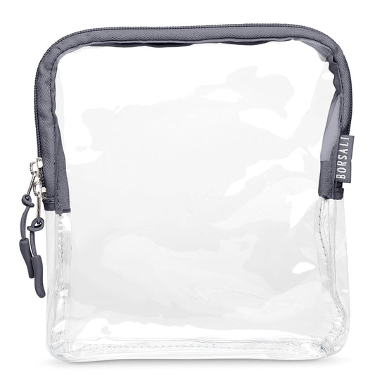 BORSALI TSA Approved Toiletry Bag - Clear Quart Size for 3-1-1 Carry On Travel - Makeup Organizer Cosmetic Pouch with Zipper - Travel Accessories - Gray