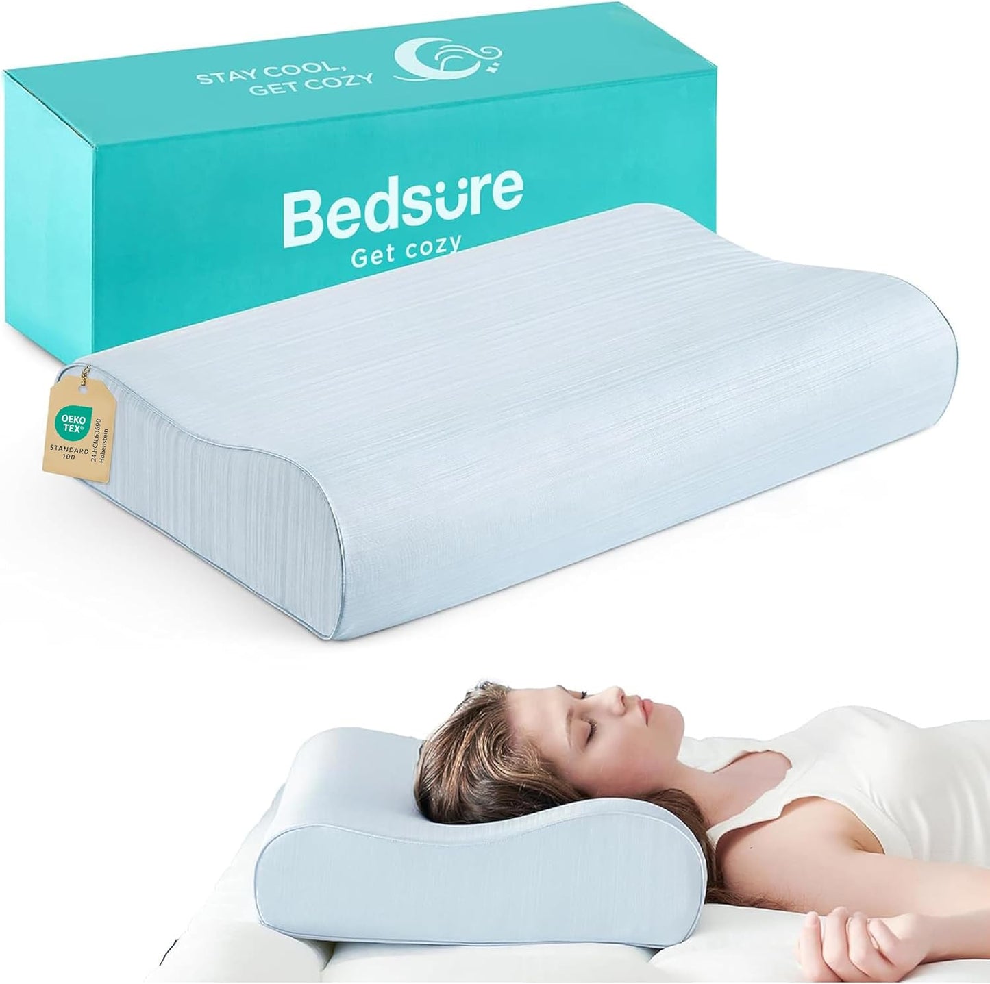Bedsure Cervical Neck Pillow for Sleeping, Memory Foam with Cool-Touch Ice Pillowcases, Ergonomic Contour Pain Relief, Orthopedic Pillow for Neck Support for Side, Back, Stomach Sleepers ﻿