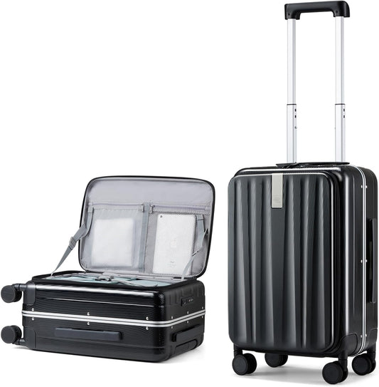 Hanke 20 Inch Carry-On Luggage PC Hard Shell Suitcases for Travel Front Opening Aluminum Frame Travel Luggage Rolling Suitcase with Wheels for Women Man Gifts.(Jet Black)