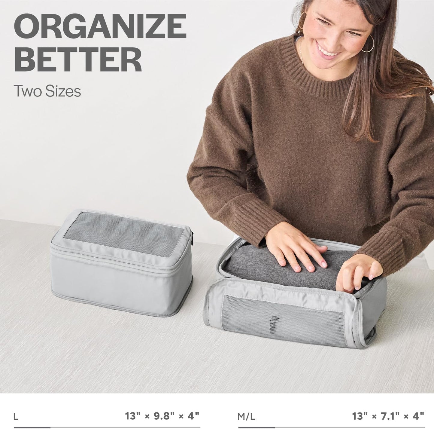 Aerotrunk Compression Packing Cubes for Travel - Luggage Organizer Bags - Double Zipper Packing Cubes for Suitcases (2-Pack, Light Grey)