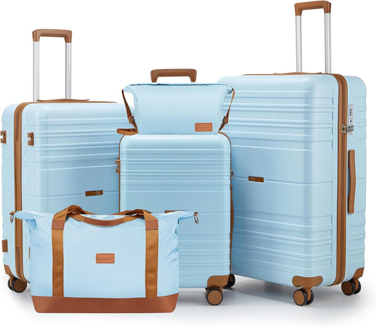 Luggage Sets with spinner wheels, PC+ABS Hard Shell Travel Luggage,Lightweight Carry-on suitcases with TSA Lock,YKK Zippers (Light Blue, 5 piece sets(20/24/28/DB/TB))