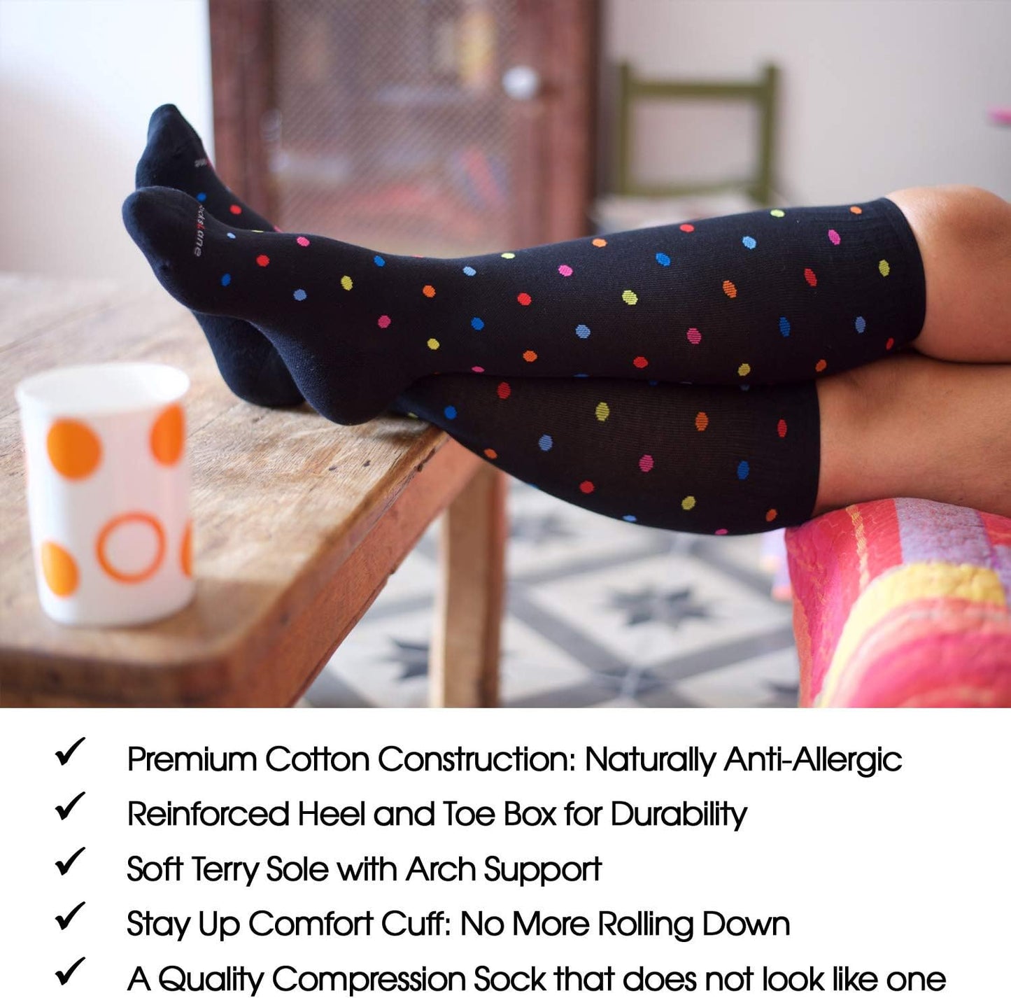 Cotton Compression Socks for Women & Men. 15-20 mmHg Support Knee-High Black X/W
