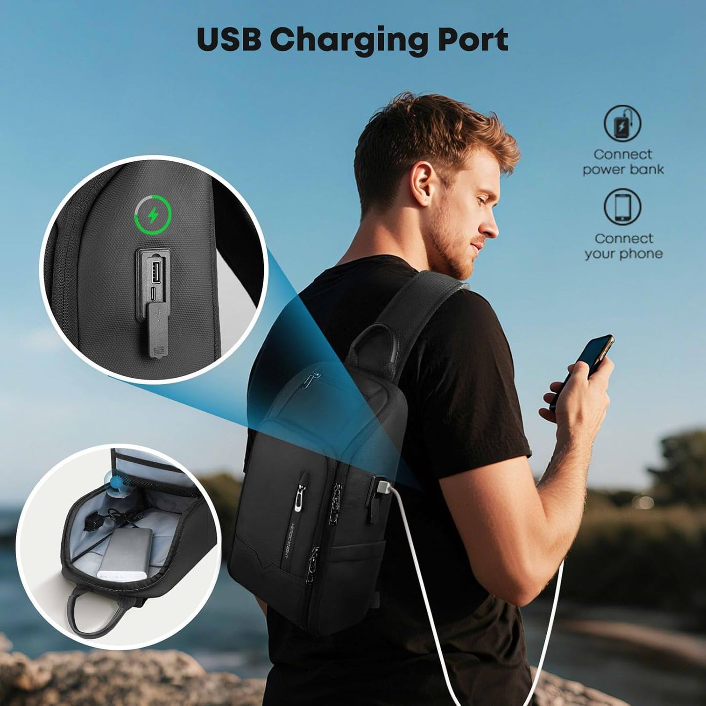 Crossbody Sling Bag for Men, Waterproof Sling Crossbody Backpack with USB Charging Port, Anti Theft Chest Shoulder Hiking Bags Daypack for Commute, Work, Sport, Travel - Black
