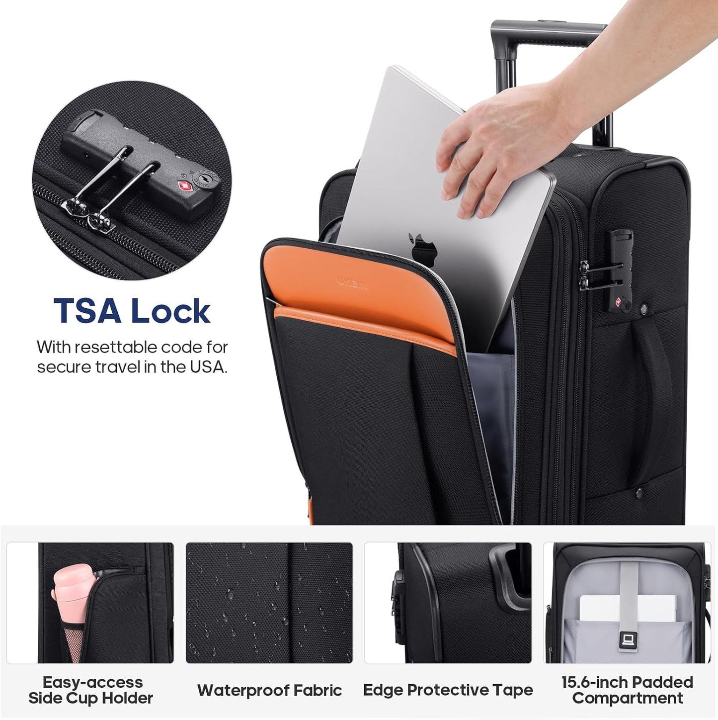 UKEIN Softside Expandable Carry On Luggage 22x14x9 Airline Approved, 20 Inch Carry On Suitcase with Wheels & TSA Lock, Travel Suitcase with 4-Piece Packing Bags for Women Men