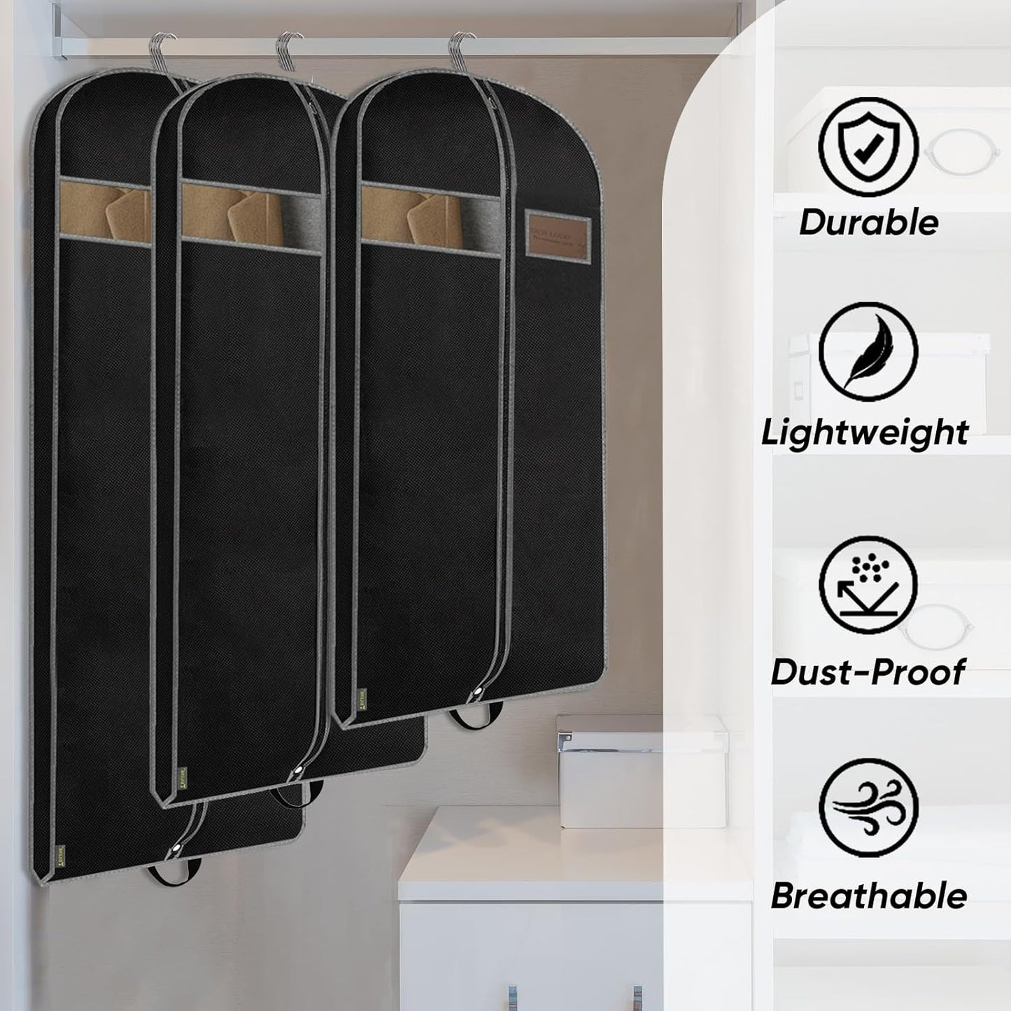BALEINE 5PK Heavy Duty Garment Bag with Shoe Storage Travel Bag for Dresses, Suit, Coats Travel Essential (60", Black)