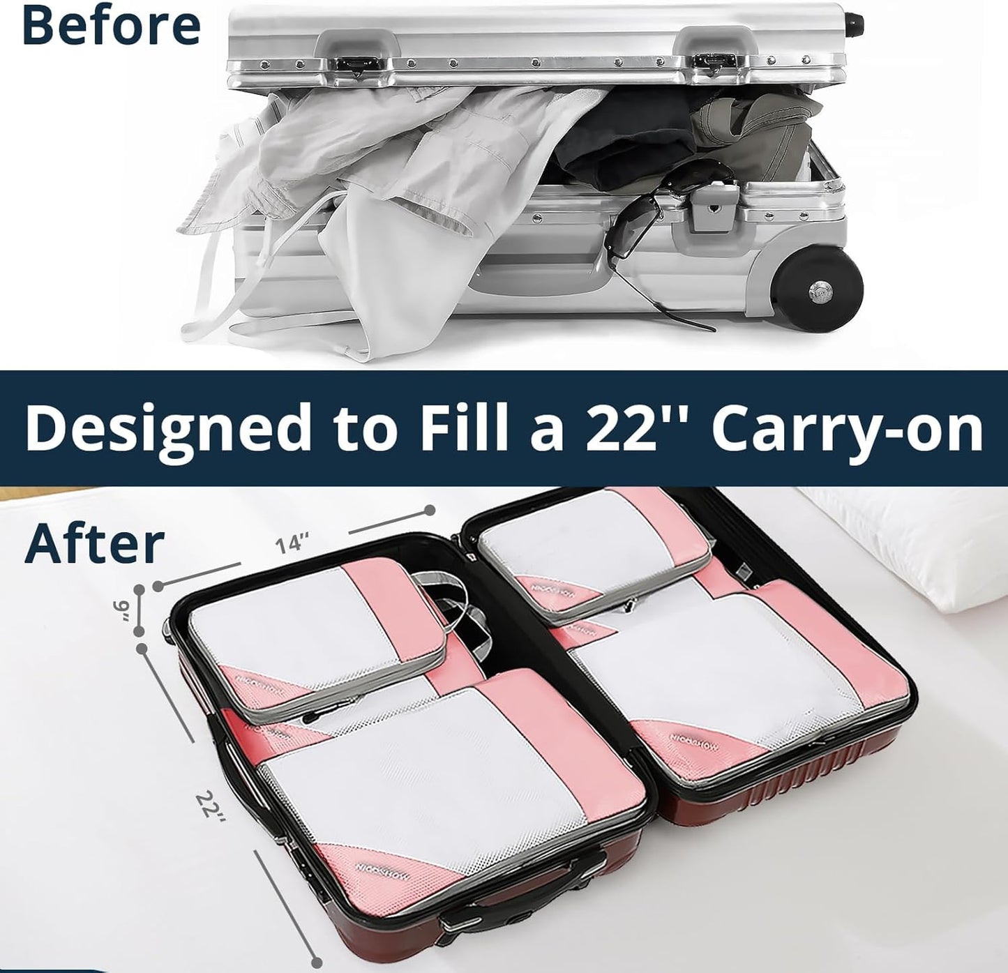 Compression Packing Cubes 6 Set, Compressible Space-Saving Packing Cubes for Travel - Compression Bags, Luggage Organizer, Travel Essentials for Women, Pink