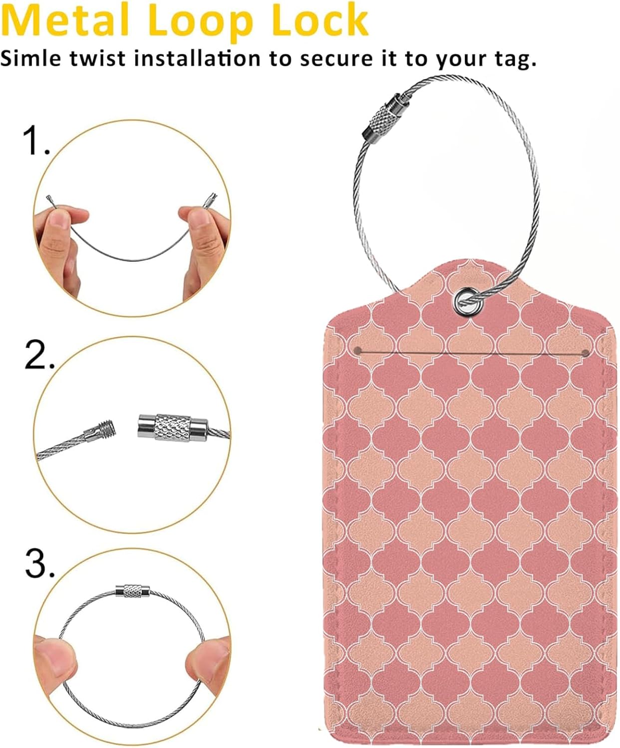 Pink Moroccan Plaid 2 Pack Luggage Tag for Suitcase, Leather Bag Tags Identifiers Privacy Cover ID Label with Steel Loop for Women Men Kids Girls Travel