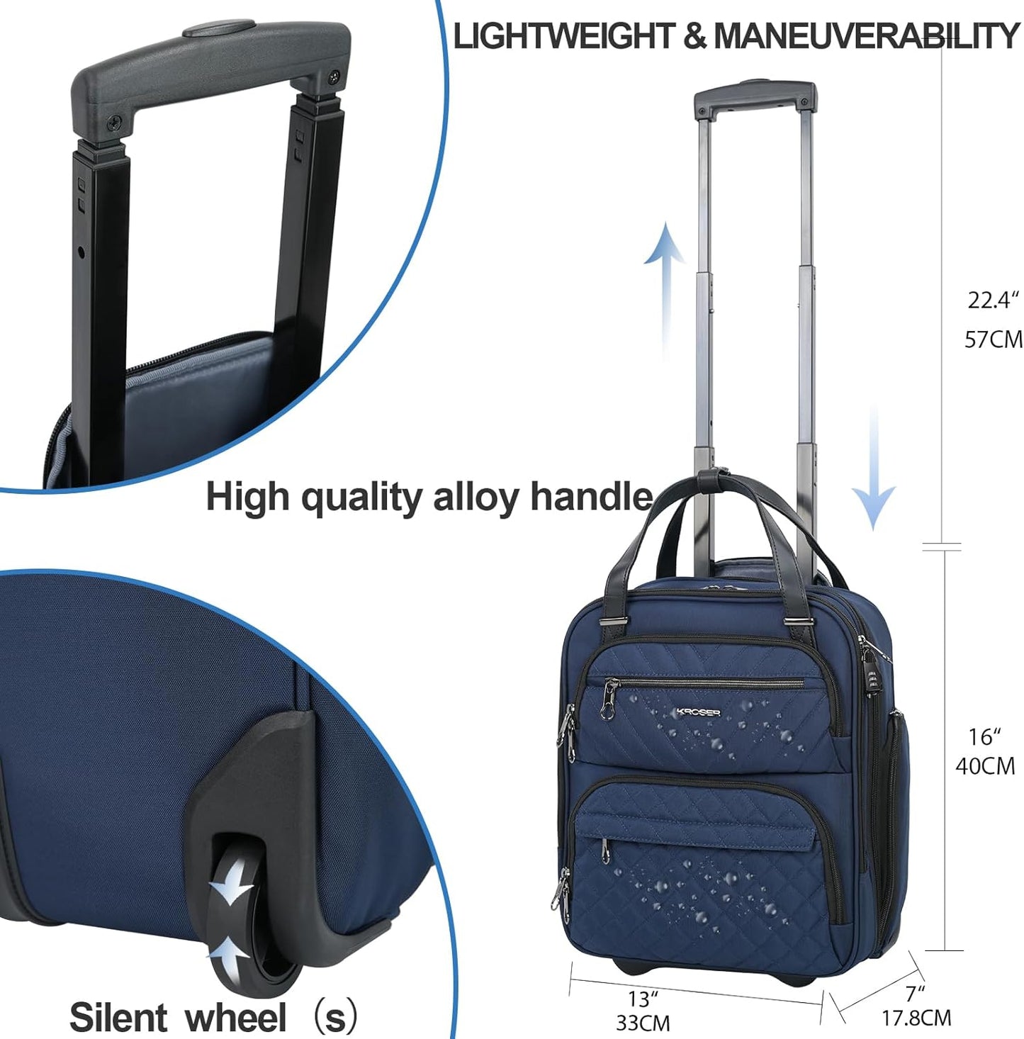 KROSER Carry On Underseat Multi-functional, 16-inch Underseater Lightweight Overnight Suitcase for Women, Navy