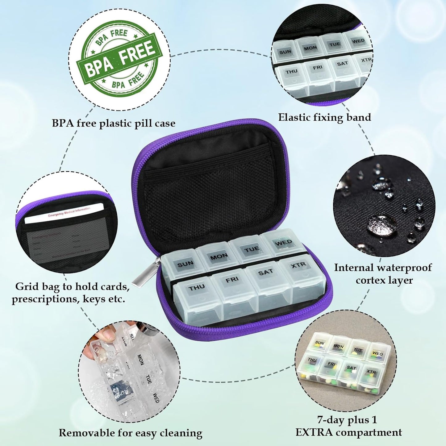Serfeymi Weekly Travel Pill Organizer Pill Case for Purse with Removable 7 Day Pill Box, Fashionable Travel Medicine Organizer Pill Container for Medicine, Vitamin, Supplement - Green 01 + Purple 01