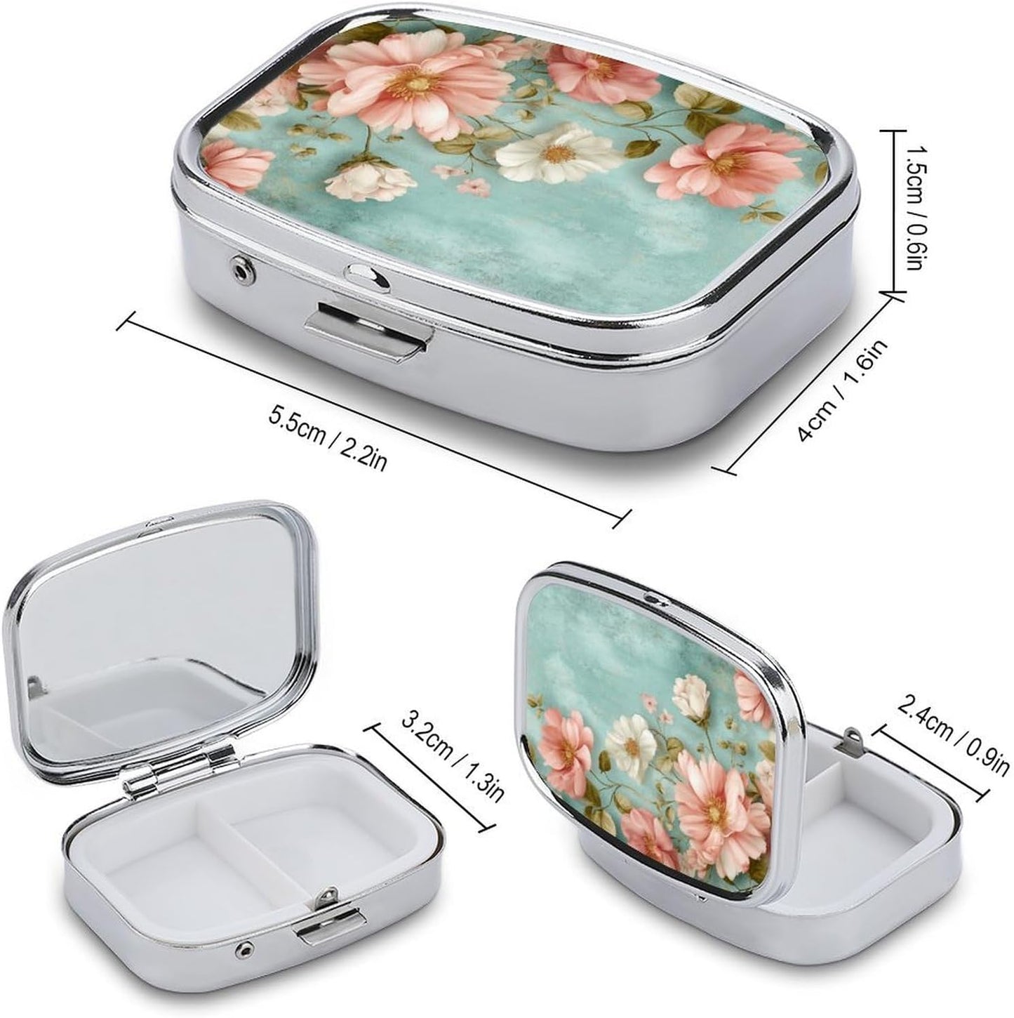 Metal 2 Compartment Pill Organizer Travel Friendly Portable Compact Pill Box Cute Pill Case,for Pocket Wallets Daily Portable Medicine Vitamin Tablet Storage (Flowers)