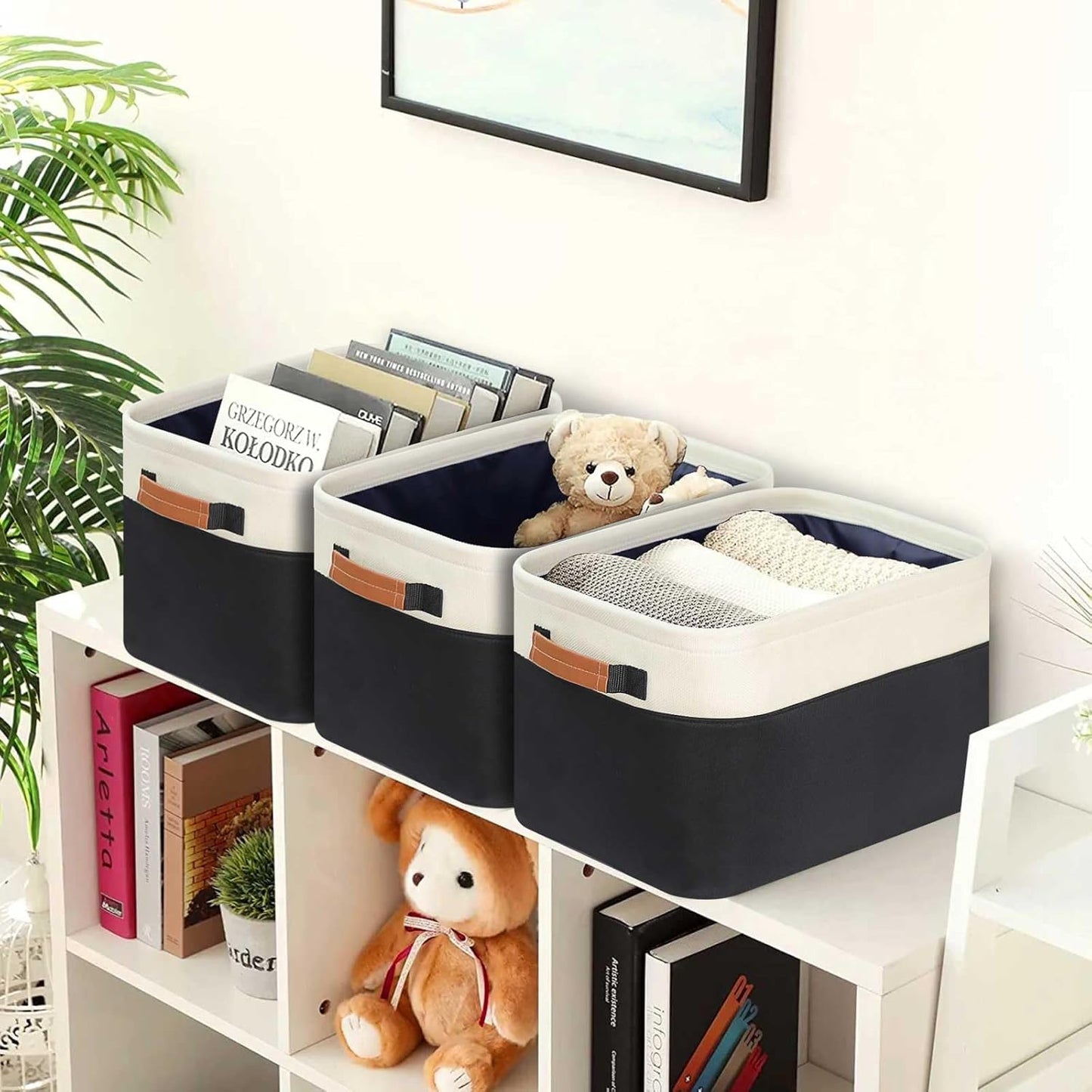 GhvyenntteS Large Fabric Storage Bins for Shelves with Metal Frame Opening & Hard Bottom Board, Collapsible Storage Baskets for Shelves 3 Pack, 15x11 Inch Baskets for Organizing Clothes Toys (Black)