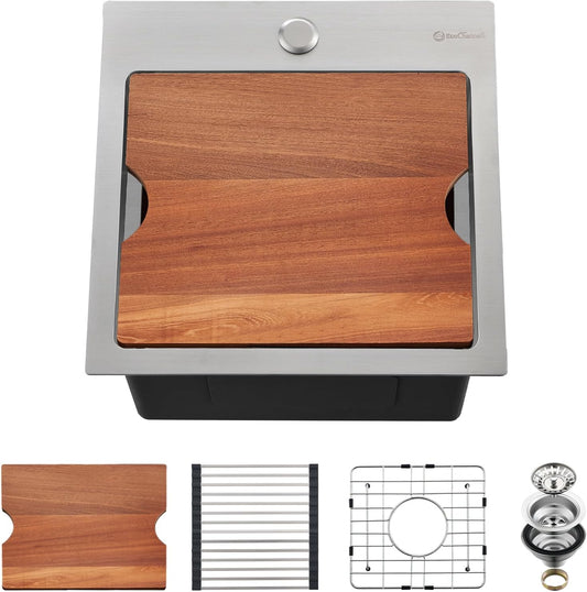 Kitchen Sink, 15 x 15 x 10 inch Small Bar Prep Sink 16 Gauge Stainless Steel Drop Single Bowl Workstation with Cutting Board