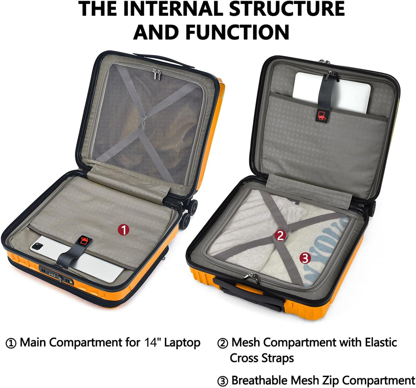 TydeCkare 16" Carry on Luggage with 2 Laptop Compartments, Lightweight Hardshell ABS+PC Suitcase with Dual Control TSA Lock, with YKK Zipper, 4 Spinner Silent Wheels, for Business Travel, Orange