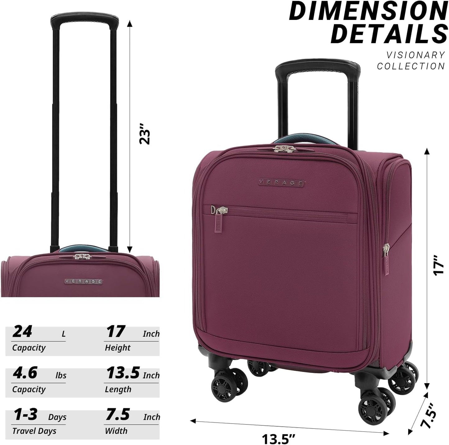 Verage Under Seat Luggage with Wheels, Softside Small Suitcase Spinner Carry On Luggage Bags for Airlines Airplanes Short Trip Men Women (Grape red, 14.5-Inch Plus Underseat)