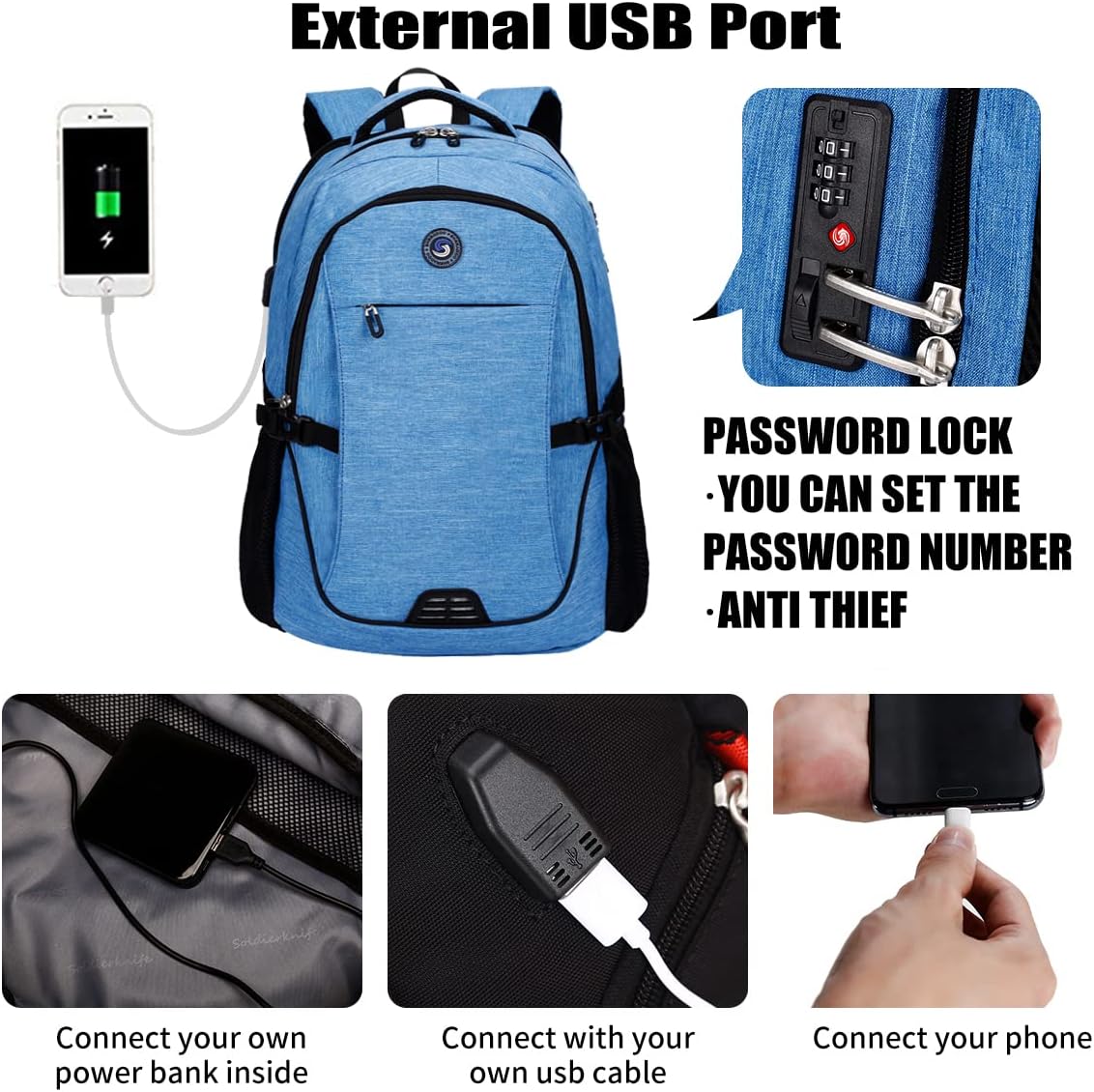SHRRADOO Anti Theft Laptop Backpack Travel Backpacks with usb Charging Port for Women Men High School College Backpack Computer Bag Fits 17 Inch Laptop,Sky Blue