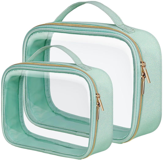 PACKISM TSA Approved Toiletry Bag - Glitter Textured Clear Makeup Bag, Personalized and Fashion, with 180° Large Opening and Supporting Frame, Perfect for Travel Essentials, Thick No Smell, Green
