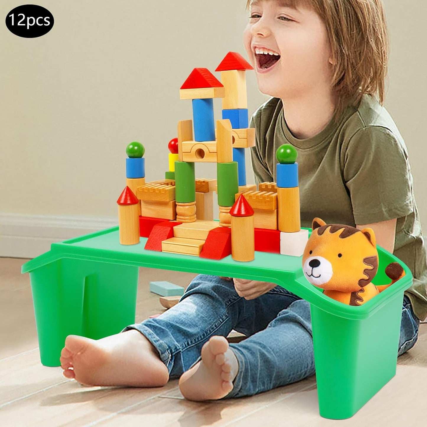 12 Pcs Kids Lap Desk Tray, 19.7×9.8×7.1In Portable Lap Bed Table with Side Pockets, Plastic Breakfast Laptop Trays, Laptop Desk Snack Tray for Family, School (Green)