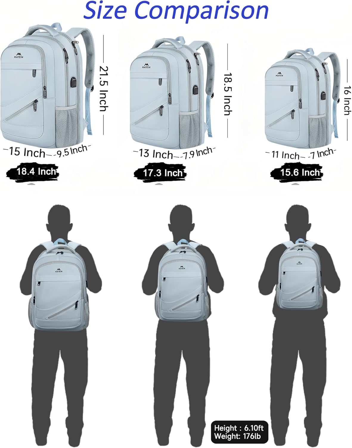MATEIN 18 Inch Laptop Backpack for Women, TSA Approved Laptop Rucksack Large Capacity 50 L, Anti Theft Backpack with Comfortable Shoulder Straps for College Work Travel, Haze Blue