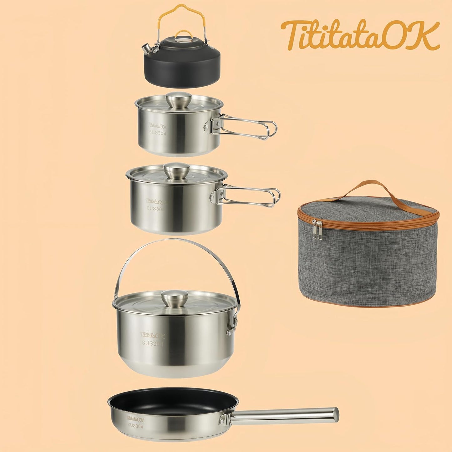 Camping Cookware Set 304 Stainless Steel 10pcs Pots & Pans,Kettle, Travel Mesh Bag for Camping, Trekking, Backyard Picnic & Backpacking Gear