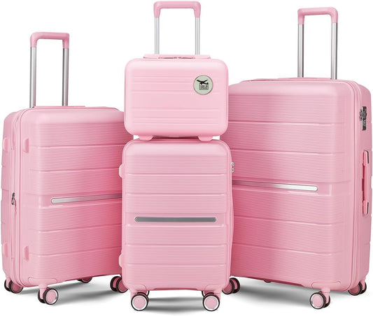 Campfun Luggage 4 Piece Sets, Expandable Carry On Luggage Set Hardshell PP, Suitcase Set with Double Spinner Wheels, Checked Durable Lightweight with TSA Lock, 14in 20in 24in 28in-Pink(A)