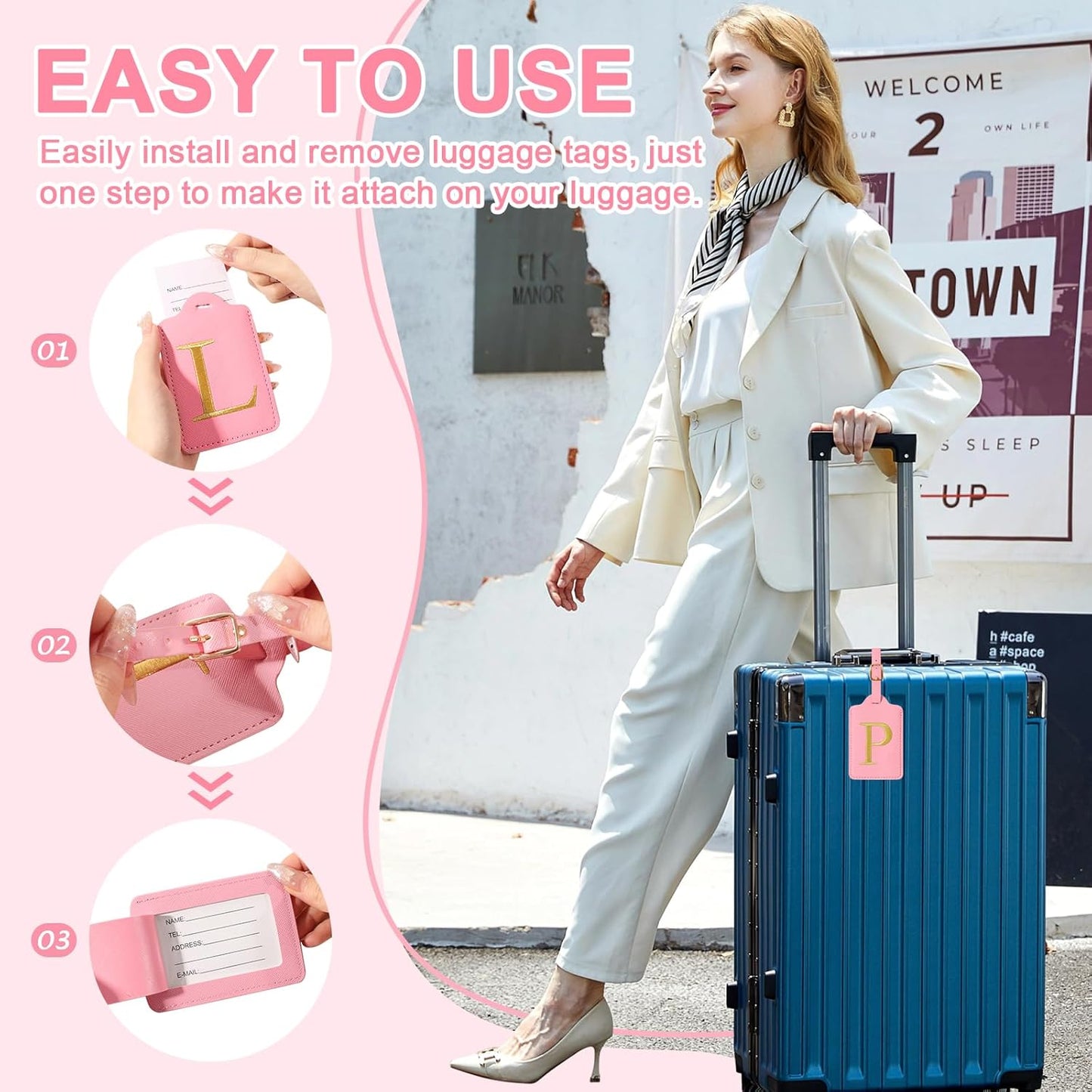 Personalized Initial Luggage Tags for Suitcase, Pink Leather Cute Luggage Tags with Privacy Cover Name Card, Embroidered Custom Monogrammed Luggage Tag Travel Bag Baggage Tags Gifts for Women Kids(P)