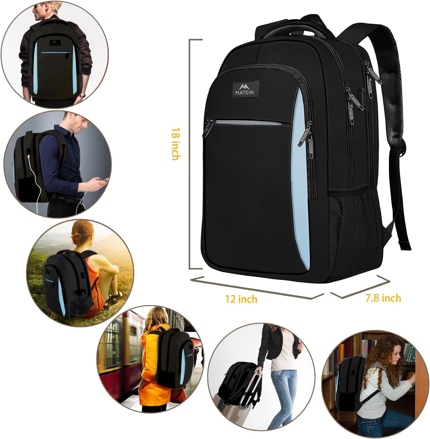 MATEIN Travel Laptop Backpack for Men, Business Anti Theft Slim Sturdy Laptops Backpack with USB Charging Port, Water Resistant College Computer Bag Gift for Women Fits 15.6 Inch Notebook