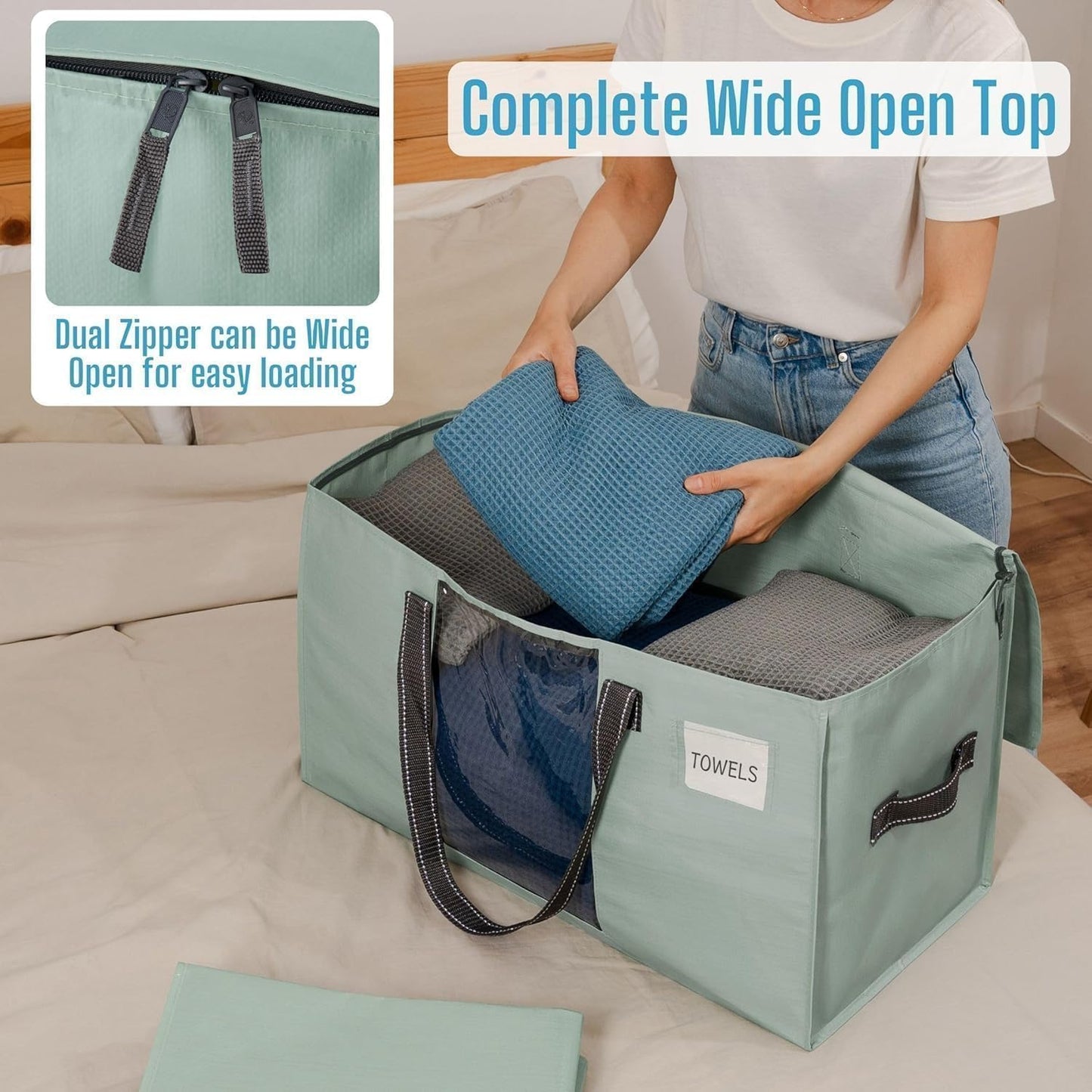 VENO 10 Pack Moving Bags, Comforter and Blanket Storage Bags for Closet, Moving Boxes, Boxes with Lids Alternative, College Dorm Packing Supplies, Foldable Heavy-Duty Tote (Light Green Matte, 10 Pack)