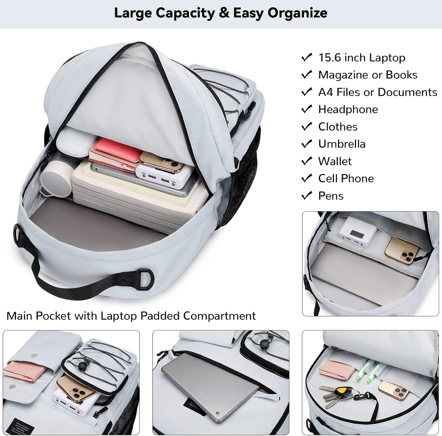 Lohol Casual Backpack for Teen Boys Girls, Water Resistant Daypack with Anti Theft Pocket for Travel School (Grey)