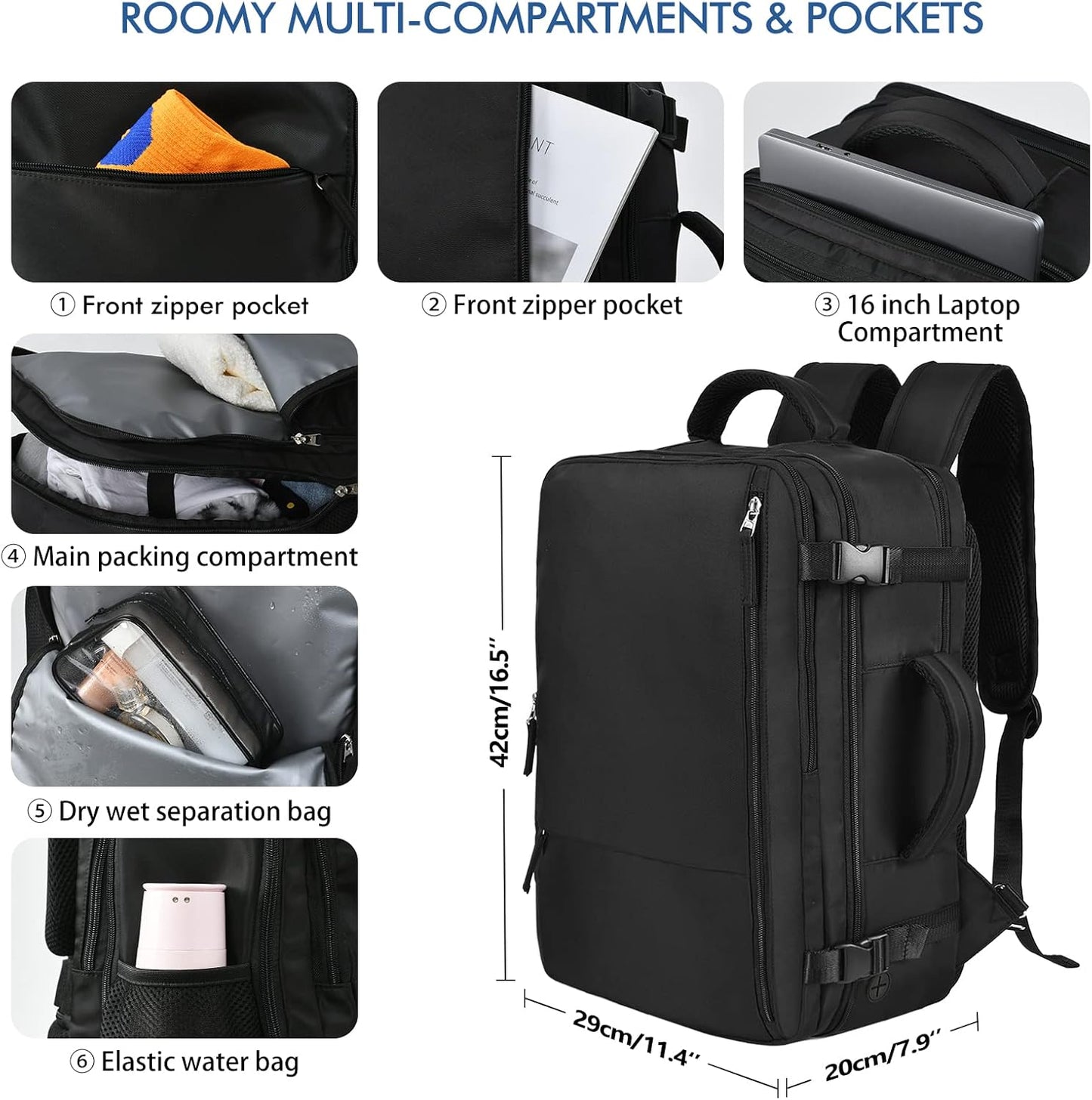 Beraliy Travel Backpack for Men Women, Carry On Backpack, 16 Inch Laptop Backpack, Waterproof School Backpack, Casual Outdoor Daypack College Bag, Black