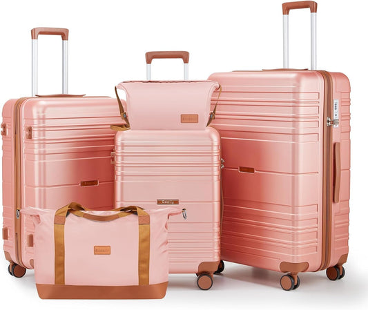 Luggage Sets 6 Piece with Spinner Wheels, Lightweight Hardshell Suitcase Set with TSA Lock, Carry On Checked Luggage with Travel Bag & Toiletry Bag (Beige, 6 piece sets（14/20/24/28/DB/TB）)