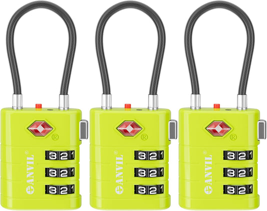 ANVIL TSA Approved Luggage Locks – High Security TSA008 Combination Travel Locks with Inspection Indicator for Suitcases and Backpacks. (3, Grass Green)
