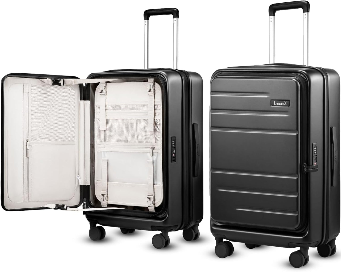LUGGEX Checked Luggage with Spinner Wheels, FLO5 Expandable Polycarbonate Hard Shell Suitcase with TSA Approved Lock (FX-Core, Black, 24 Inch)
