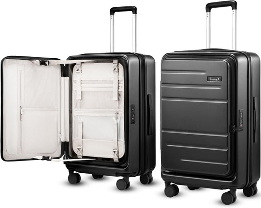 Checked Luggage Top Opening, FLT Expandable Polycarbonate Hard Shell Suitcase with Wheels (FLO-Lite, Black, 24 Inch, 63L-70L)