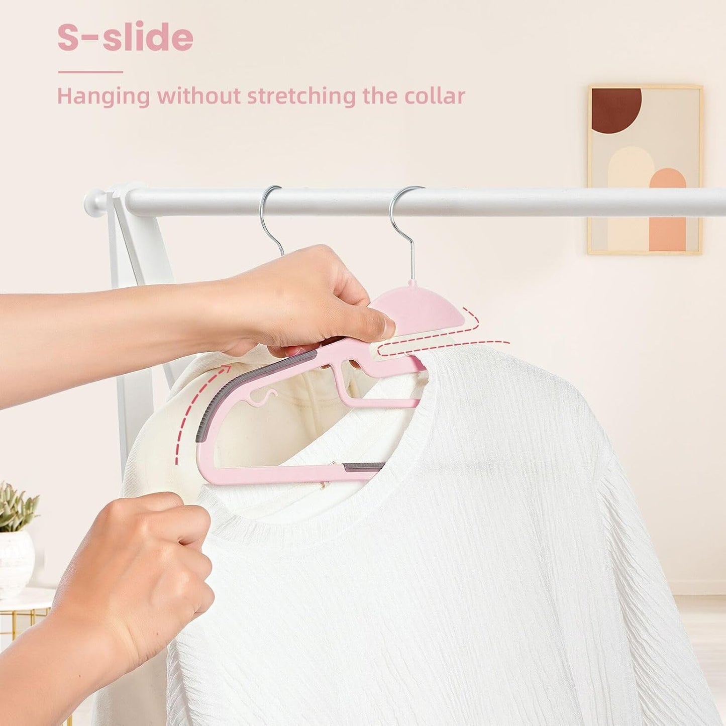 BAGAIL Plastic Hangers 50 Pack with Non-Slip Design,0.2 Inches Thick, 360°Swivel Hook Space Saving Organizer for Bedroom Closet,Shirts,Pants(Pink- S Shaped)